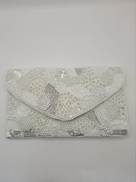 White & Pearl Beaded Clutch